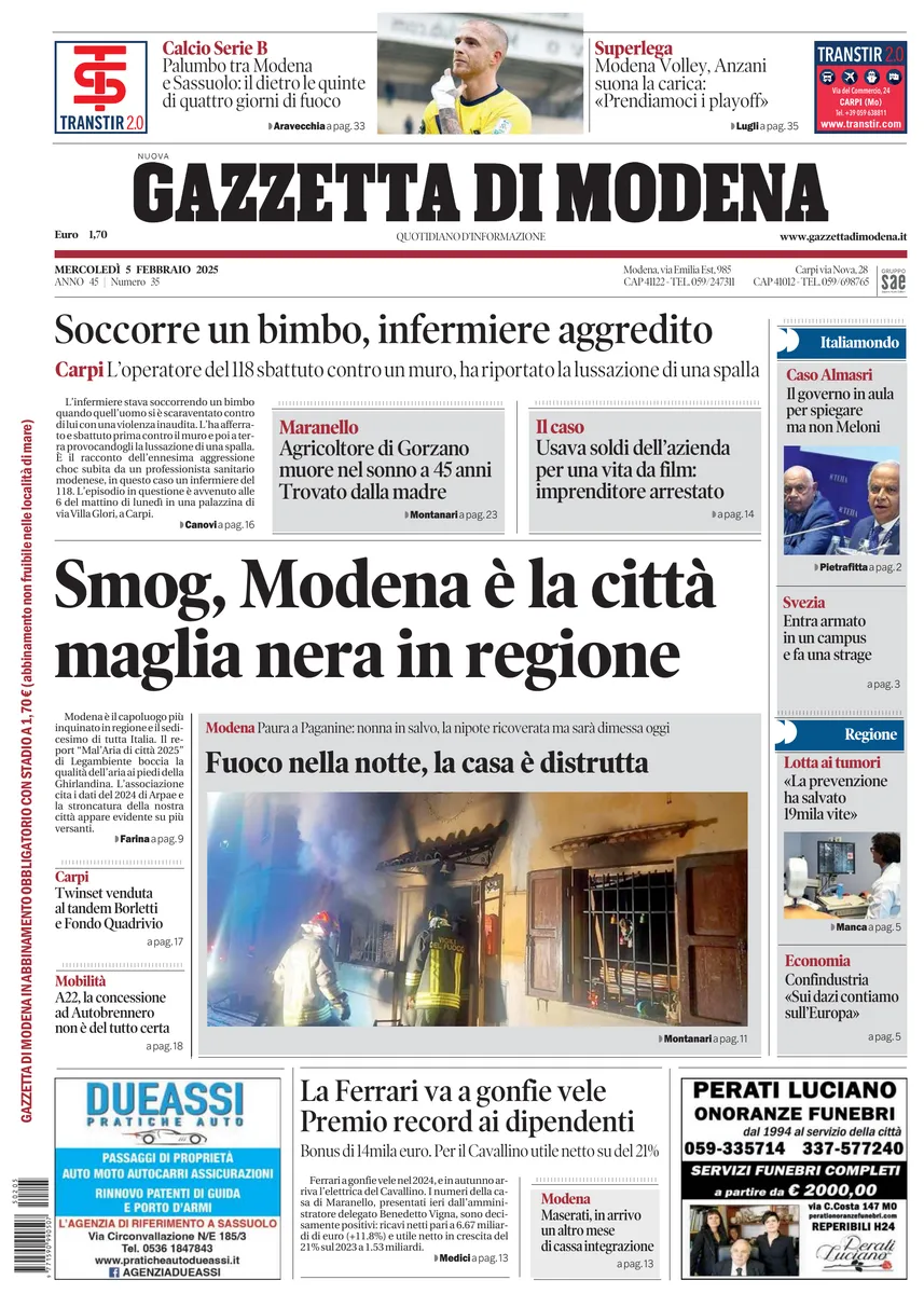 Prima-pagina-gazzetta di modena-oggi-edizione-del-2025-02-05